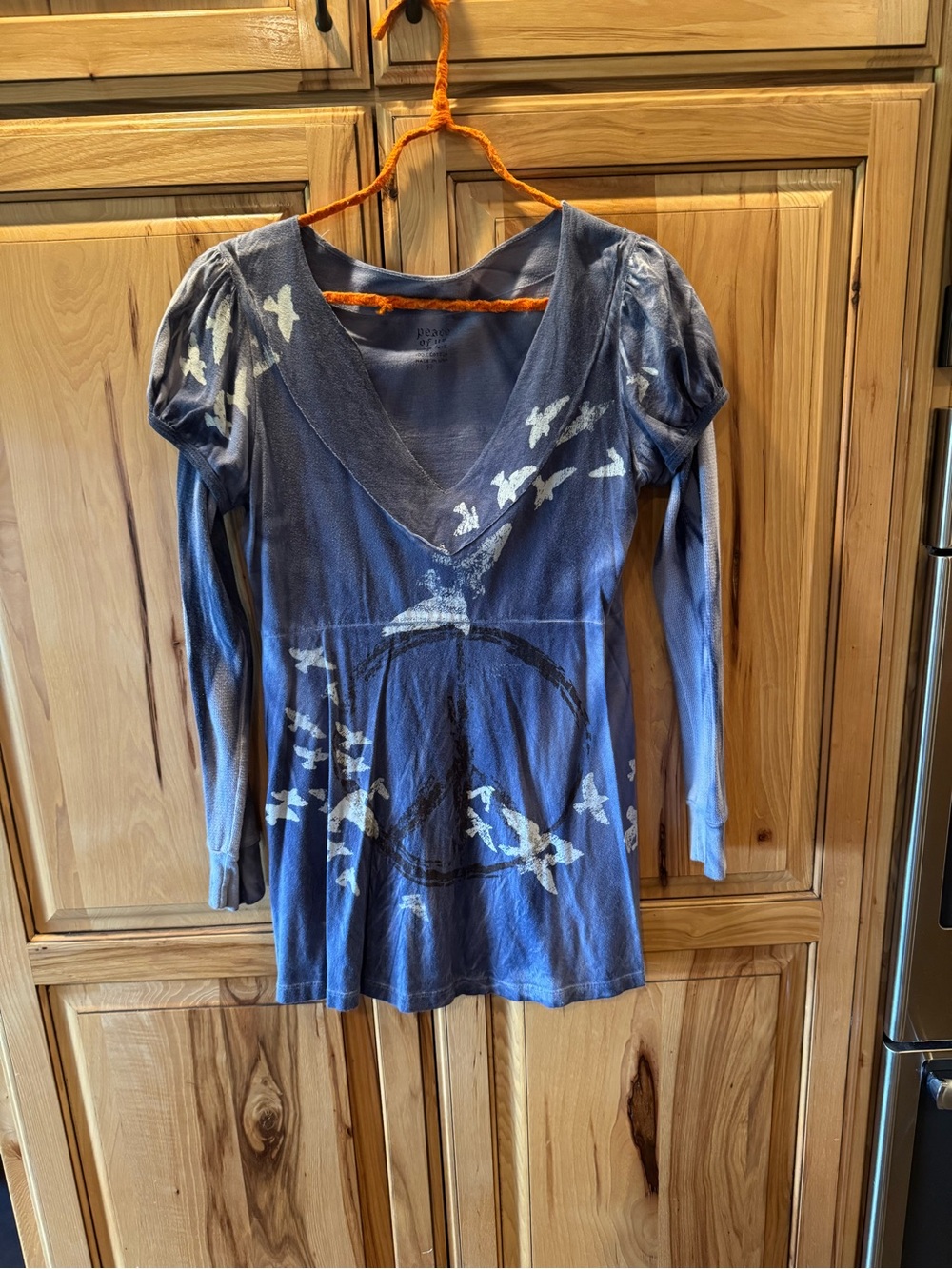 Long-Sleeve Blue Purple V-Neck Graphic Tee with Bird Motif & Peace Sign